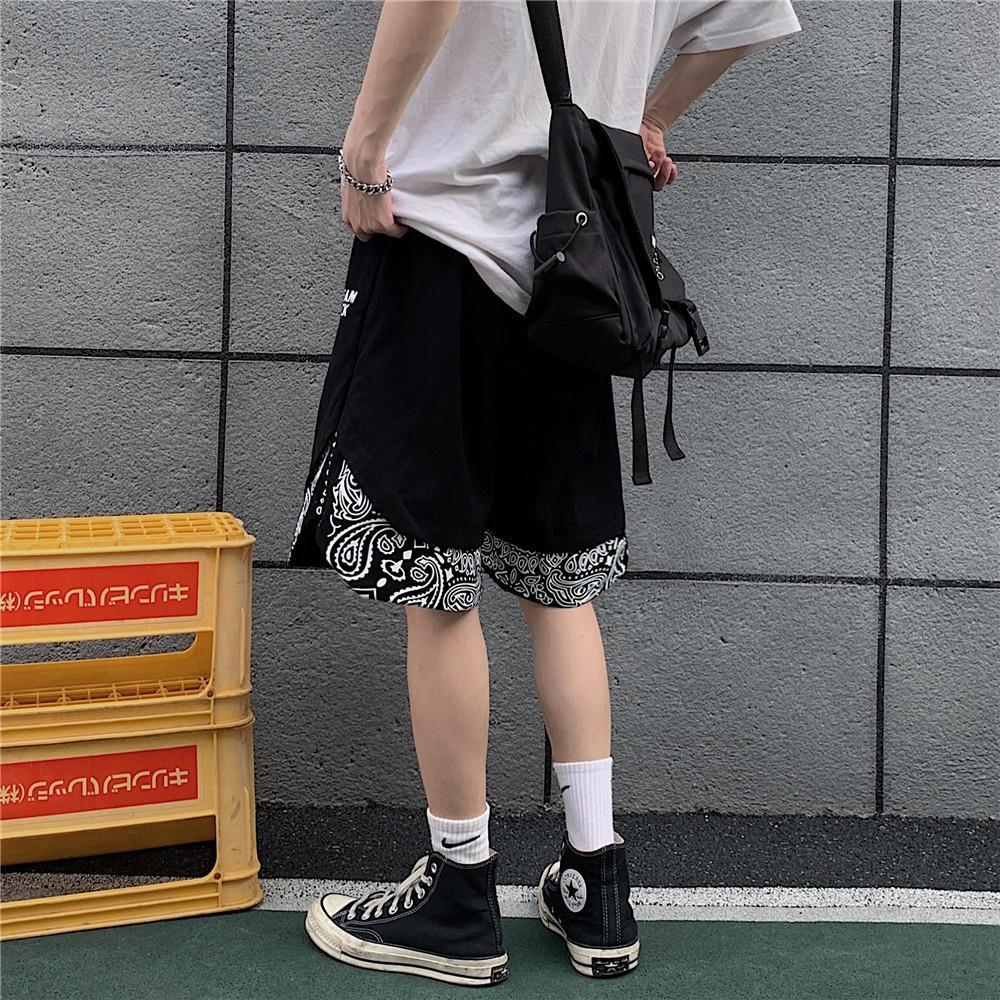 Head Cashew Flower Shorts Hip-hop Trend Loose Fake Two-piece Five-point Pants - Blue Force Sports