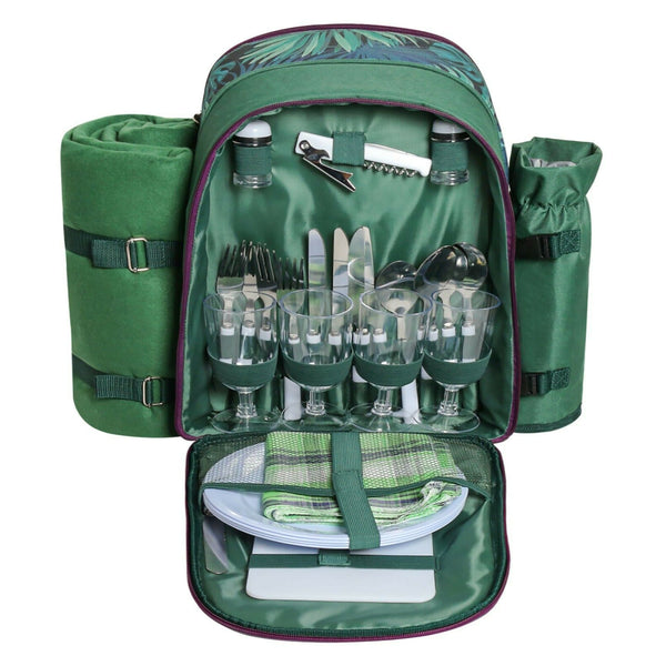 Picnic Backpack Set With Cutlery Kit Cooler Compartment Blanket For 4 Persons - Blue Force Sports
