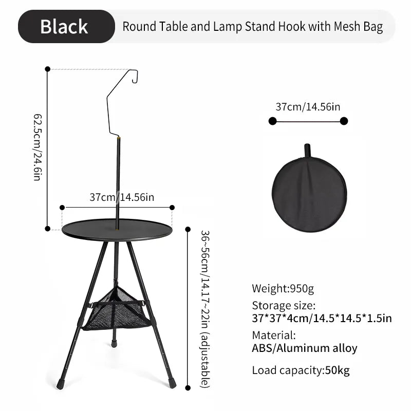 Mesa de camping redonda, ajustable, ultraligera y portátil con soporte de luz