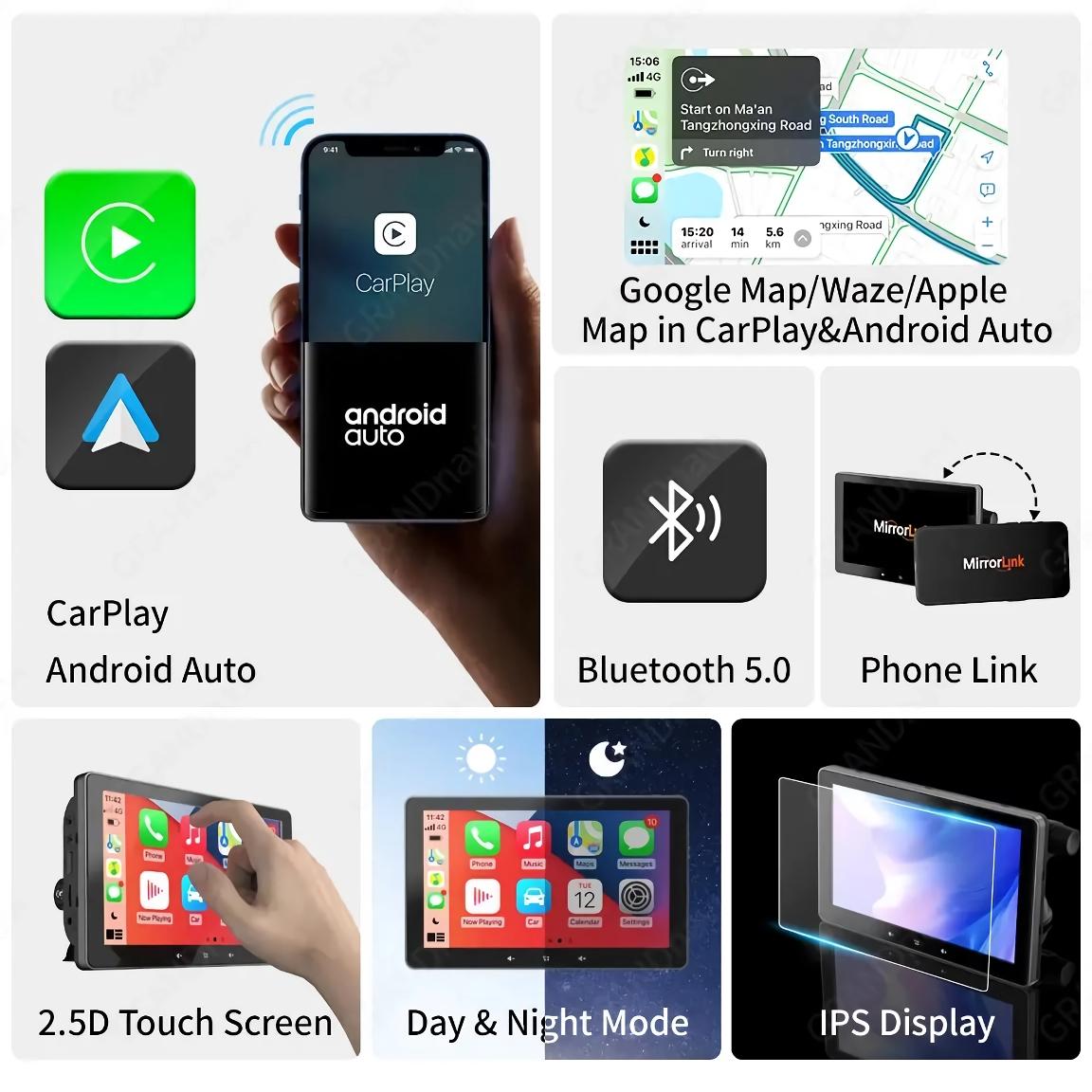 Universal 7" Touch Screen Multimedia Video Player with Wireless CarPlay & Android Auto