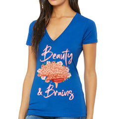 Beauty and Brains Women's V-Neck T-Shirt - Floral V-Neck Tee - Illustration T-Shirt - Blue Force Sports