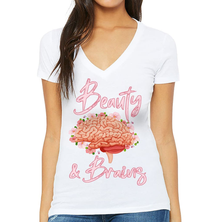 Beauty and Brains Women's V-Neck T-Shirt - Floral V-Neck Tee - Illustration T-Shirt - Blue Force Sports