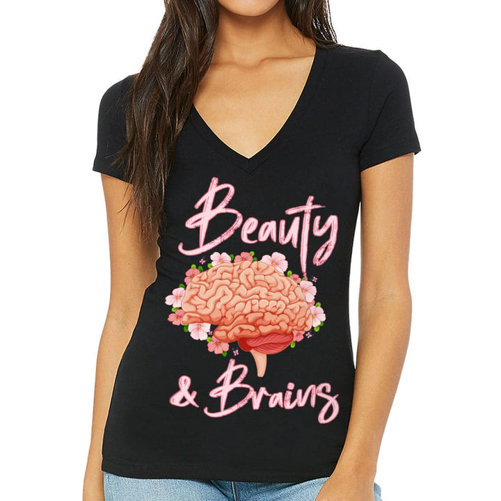 Beauty and Brains Women's V-Neck T-Shirt - Floral V-Neck Tee - Illustration T-Shirt - Blue Force Sports