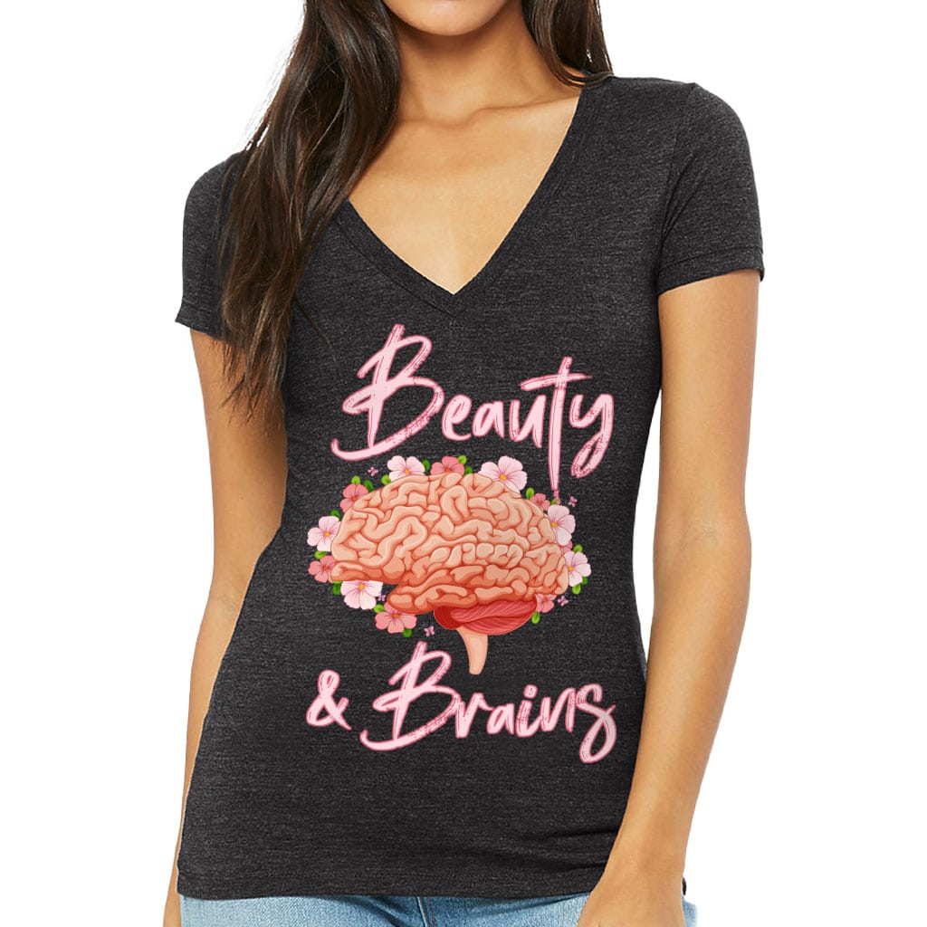 Beauty and Brains Women's V-Neck T-Shirt - Floral V-Neck Tee - Illustration T-Shirt - Blue Force Sports