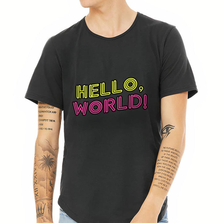 Hello World Curved Hem T-Shirt - Cool Design T-Shirt - Trendy Curved Hem Tee - Blue Force Sports