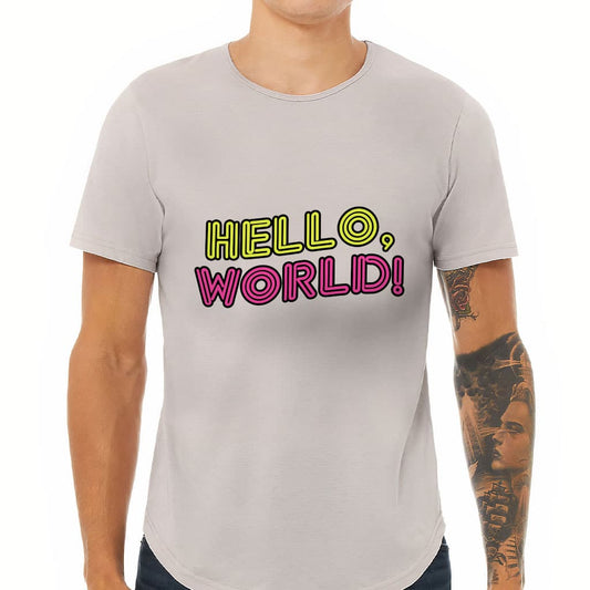 Hello World Curved Hem T-Shirt - Cool Design T-Shirt - Trendy Curved Hem Tee - Blue Force Sports