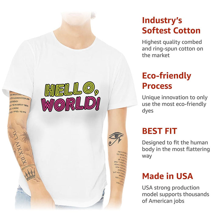 Hello World Curved Hem T-Shirt - Cool Design T-Shirt - Trendy Curved Hem Tee - Blue Force Sports