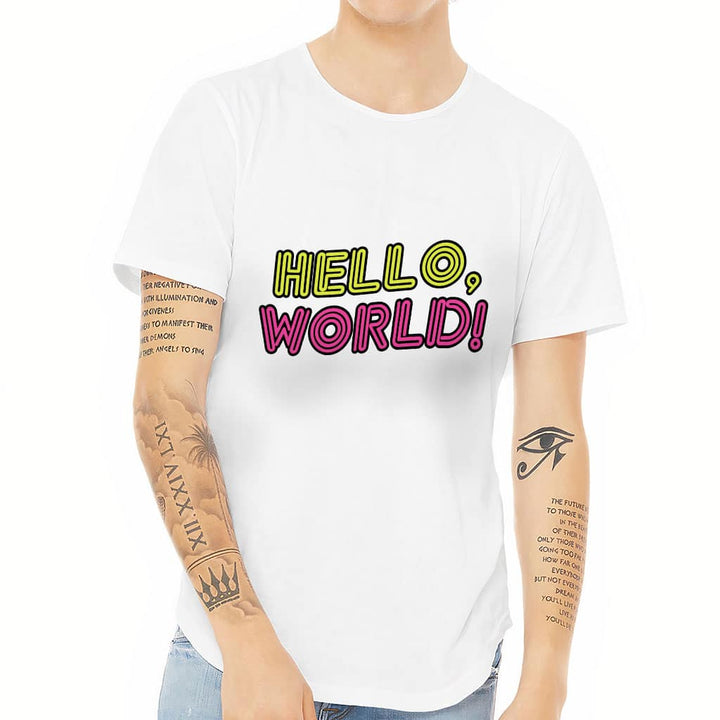 Hello World Curved Hem T-Shirt - Cool Design T-Shirt - Trendy Curved Hem Tee - Blue Force Sports