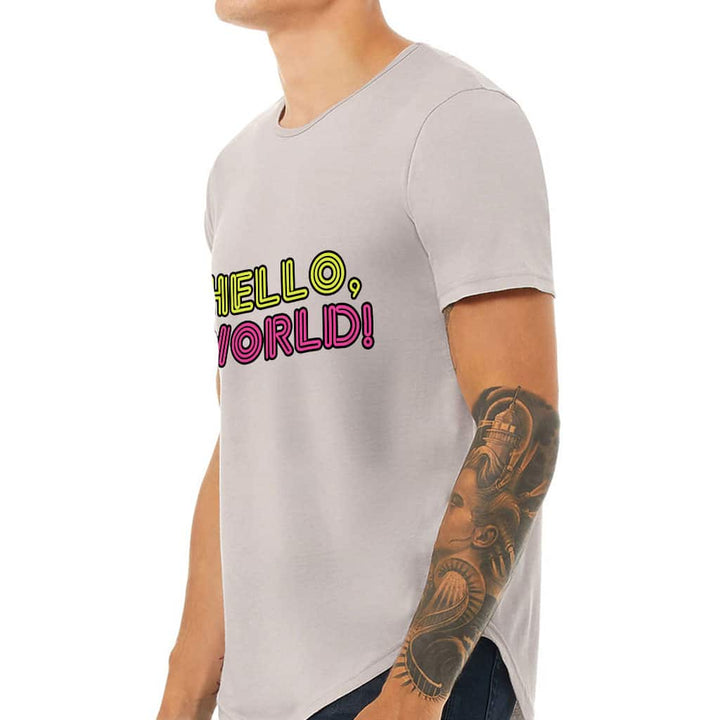 Hello World Curved Hem T-Shirt - Cool Design T-Shirt - Trendy Curved Hem Tee - Blue Force Sports