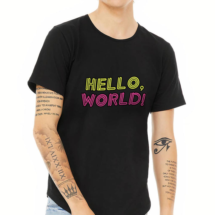 Hello World Curved Hem T-Shirt - Cool Design T-Shirt - Trendy Curved Hem Tee - Blue Force Sports