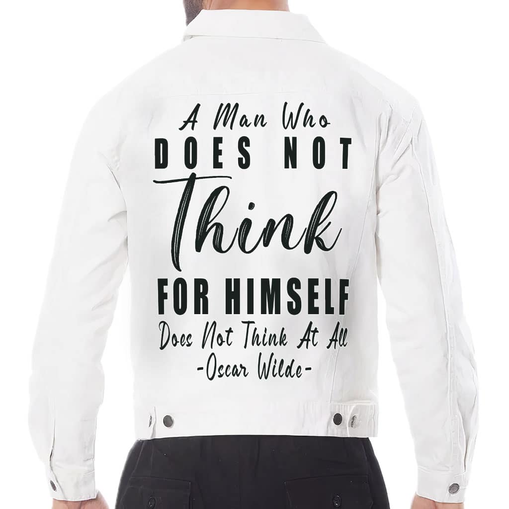Cool Quote Men's White Denim Jacket - Cool Trendy Denim Jacket for Men - Printed Denim Jacket