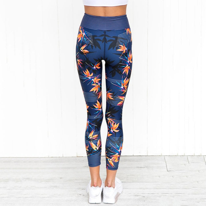 Women's High Waist Leggings with Floral Print - Blue Force Sports