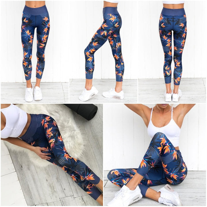 Women's High Waist Leggings with Floral Print - Blue Force Sports