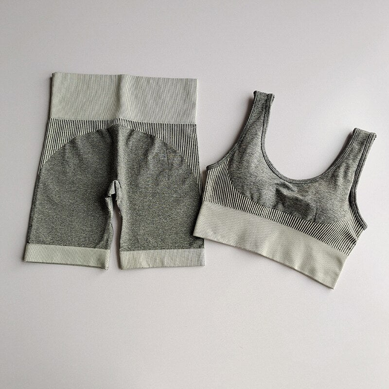 Women's Striped Detail Sports Bra and Shorts Set - Blue Force Sports