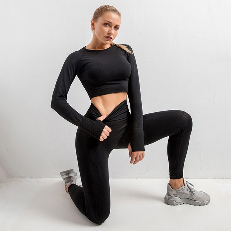 Women's Seamless Gym Leggings, Top, Longsleeve and Shorts Set - Blue Force Sports