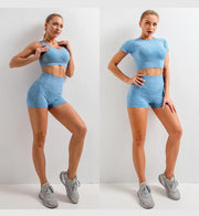 Women's Seamless Gym Leggings, Top, Longsleeve and Shorts Set - Blue Force Sports