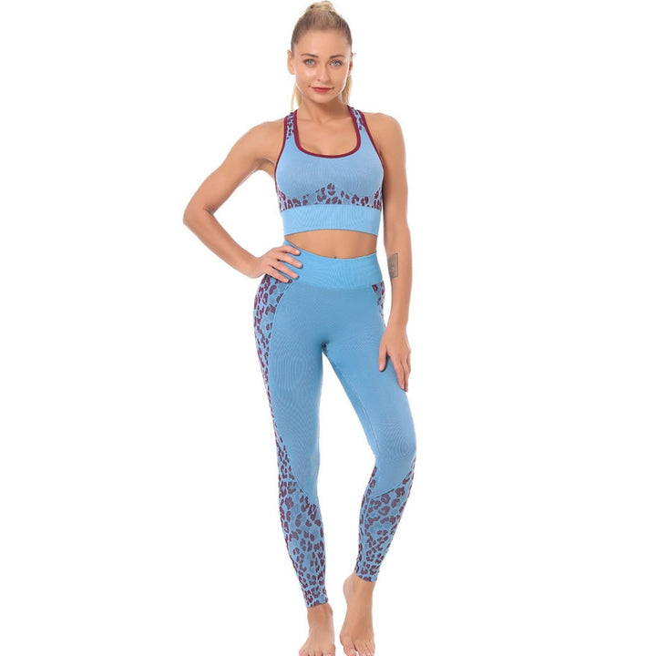 Women's Leopard Detail Sports Bra and Leggings Set - Blue Force Sports