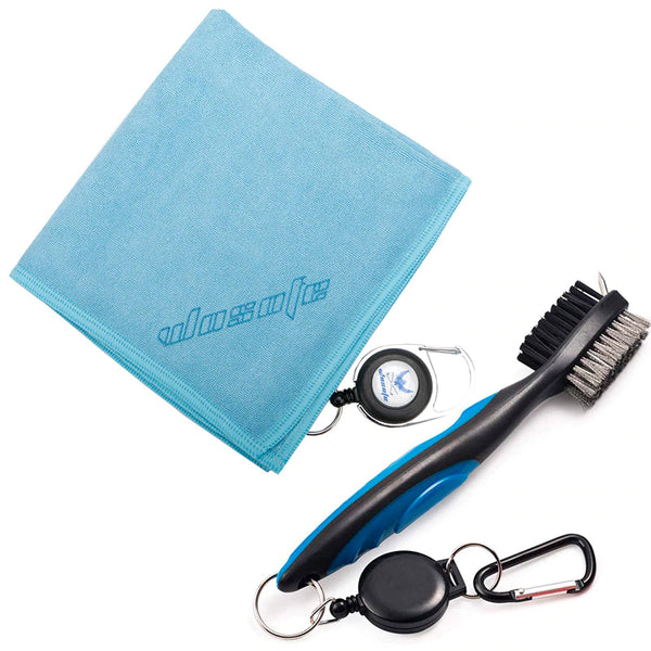Cleaning Golf Towel and Brush Kit with Retractable Extension Cord - Blue Force Sports