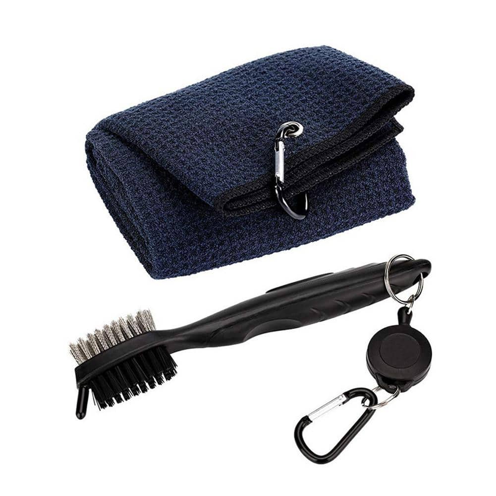 Microfiber Tri-fold Golf Towel with Cleaning Brush Kit - Blue Force Sports