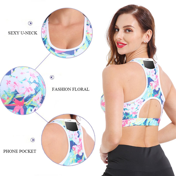 Floral Yoga Bra with Phone Pocket - Blue Force Sports