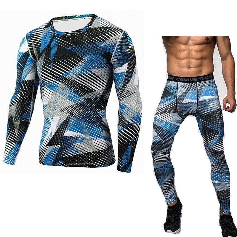 Men's Bodybuilding Compression Tights & Shirt With Long Sleeves - Blue Force Sports