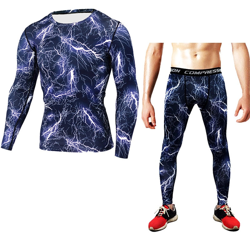 Men's Bodybuilding Compression Tights & Shirt With Long Sleeves - Blue Force Sports