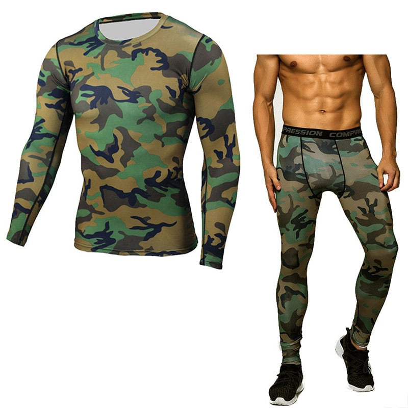 Men's Bodybuilding Compression Tights & Shirt With Long Sleeves - Blue Force Sports