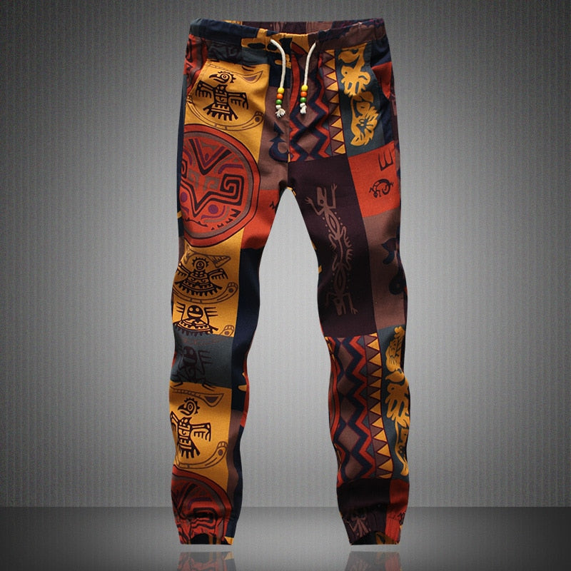 Men's Colorful Boho Pattern Linen Pants - Blue Force Sports